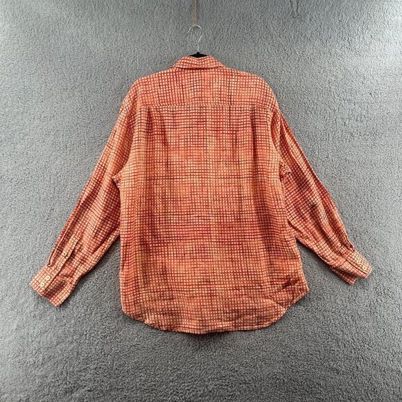 Tommy Bahama 100% Linen MensLarge Orange/White Gingham Plaid Shirt - Picture 3 of 16